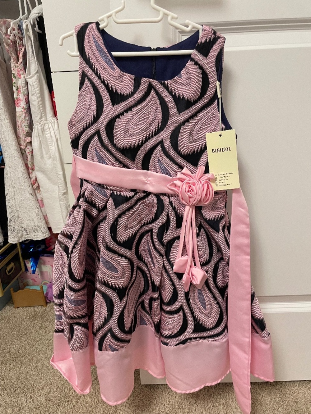 NWT Bibihou Pink and Black Paisley Print Party Dress with Rosette Sash Size 8